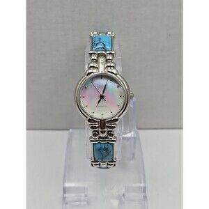 Womens Kristine Silver Tone Faux Turquoise Link Bracelet Watch New Battery Boho